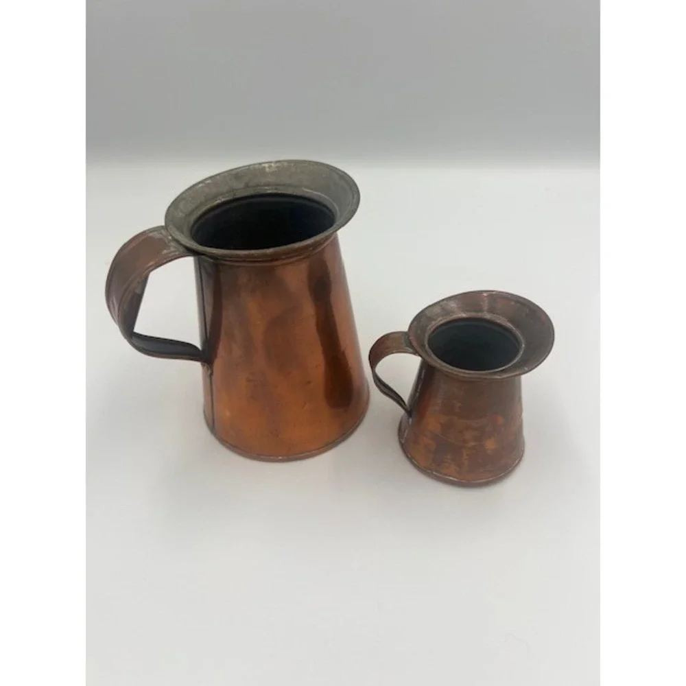 Vintage Copper Pitcher Set of 2 Rustic Farmhouse Decorative Jugs Patina 5